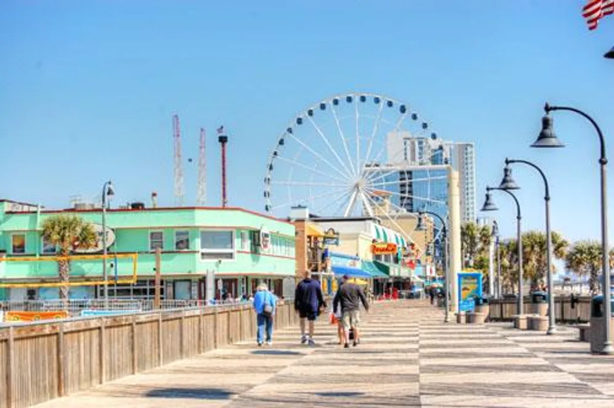 A dynamic scene of the Myrtle Beach Boardwalk, featuring a towering ferris wheel, palm trees, bustling shops, and people strolling along the promenade. The area buzzes with activity, from shopping and sightseeing to eating at outdoor cafes, capturing the excitement of local attractions and nighttime energy.